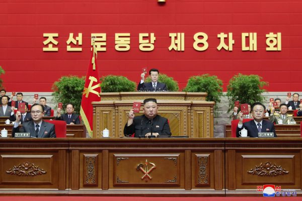 Kim Jong-un attending the session on the last day of the eighth congress of the ruling Workers' Party, held the day before, in Pyongyang, North Korea. In his closing speech, Kim called for the strengthening of the country's nuclear capabilities, 13 January 2021. (Photo: Reuters/North Korean Central News Agency).