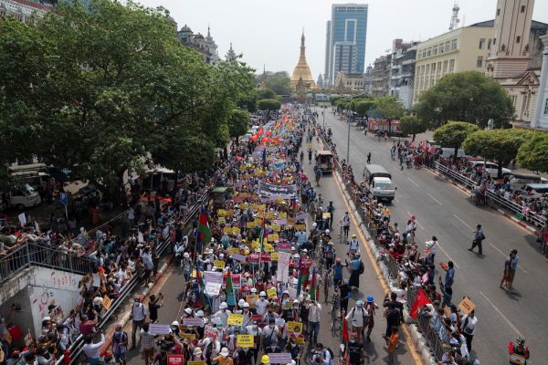 Demonstrators protest against the military coup in Yangon, Myanmar, 18 February, 2021 (Photo: Reuters/Stringer).
