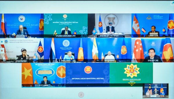 Foreign ministers and representatives of Association of Southeast Asian Nations (ASEAN) are seen on a screen during an informal meeting, 2 March 2021 (Photo: Malaysian Foreign Ministry Handout via Reuters).