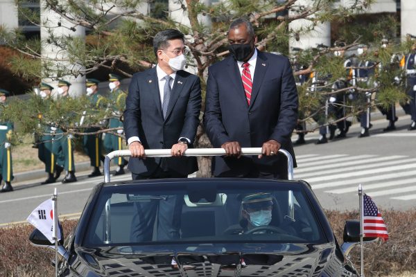 US Defense Secretary Lloyd Austin, (R), and South Korean Defense Minister Suh Wook, inspect a guard of honor from a car during a welcoming ceremony at the Defense Ministry in Seoul, South Korea, 17 March, 2021 (Photo: Defence Ministry/Sipa USA).