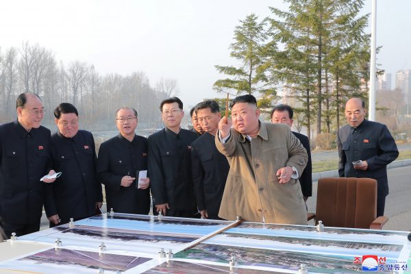 North Korean leader Kim Jong-un inspects a site on which riverside terraced houses will be erected around the Pothong Gate in Pyongyang on March 25, 2021, in this photo released by the North's official Korean Central News Agency (KCNA), 26 March, 2021 (Photo: KCNA via Reuters).