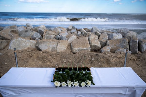 Flowers placed by policer officers to mark the anniversary of the earthquake and tsunami that killed thousands and set off a nuclear crisis, in Namie, Fukushima prefecture, Japan, 11 March 2020 (Photo: Reeuters/Athit Perawongmetha).