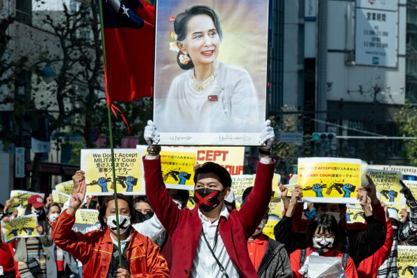 Demonstrators gathered near Yoyogi Park and marched down to Shibuya to protest against the military coup and demanded the release of Aung San Suu Kyi, 14 February, 2021 (Photo: Viola Kam / SOPA Images/Sipa USA).