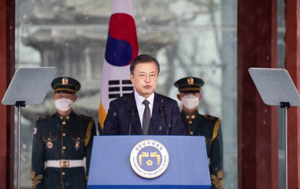 South Korean President Moon Jae-in, speaks during a ceremony of the 102nd anniversary of the March 1st Independence Movement Day in Seoul, South Korea, 1 March, 2021 (Photo: Pool via Reuters).