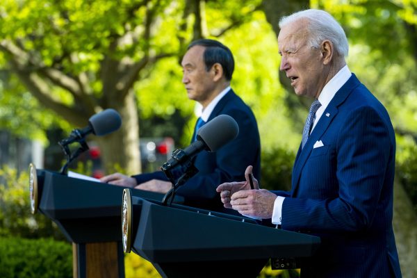 United States President Joe Biden and The Prime Minister of Japan Yoshihide Suga walk on the Colonnade prior to their joint news conference at the White House, Washington, District of Columbia, United States 16 Apr 2021 (Photo: Reuters/Doug Mills).