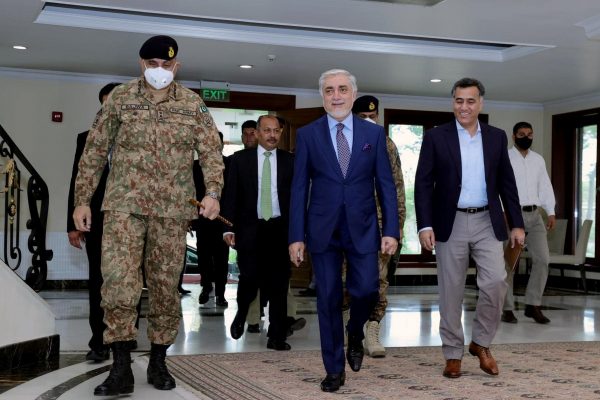 Afghanistan's Chairman of the High Council for National Reconciliation Abdullah Abdullah walks with Pakistan's Army Chief of Staff General Qamar Javed Bajwa, Kabul, Afghanistan, 10 May 2021 (Photo: High Council for National Reconciliation Press Office/Handout via Reuters).