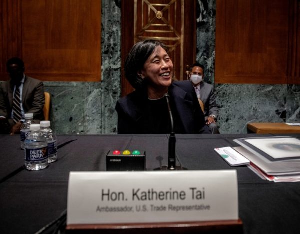 US Trade Representative Katherine Tai smiles on Capitol Hill, in Washington, US, 28 April 2021 (Photo: Bill O'Leary/Pool via Reuters).