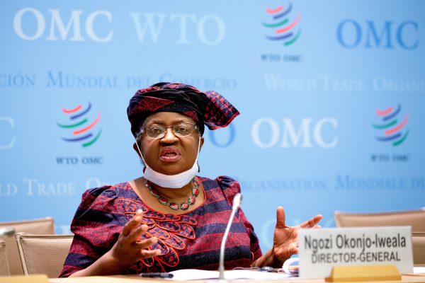 Director-General of the World Trade Organisation (WTO) Ngozi Okonjo-Iweala speaks during a press conference remotely on the annual global WTO trade forecast at the WTO headquarters in Geneva, Switzerland, 31 March 2021 (Photo: Salvatore Di Nolfi/Pool via Reuters).