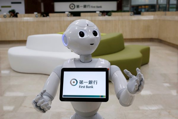 SoftBank's robot 'Pepper', is seen at First Bank branch as a concierge to welcome customers in Taipei, Taiwan, 6 October 2016 (Photo: Reuters/Tyrone Siu).