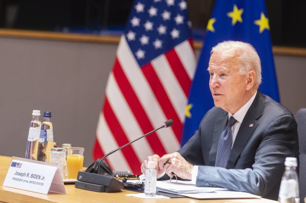 US President Joe Biden addresses his European partners the day after the NATO summit at the EU-US Summit in Brussels, Belgium, 15 June 2021 (Photo: Nicolas Landemard/Le Pictorium/Cover Images).