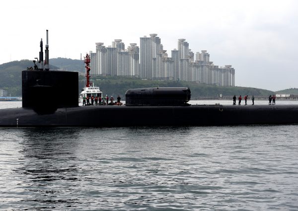 The Ohio-class guided-missile submarine USS Michigan arrives for a regularly scheduled port visit Busan, South Korea, 24 April 2017