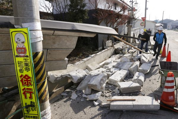 A collapsed wall by a strong earthquake is pictured in Kunimi, Fukushima Prefecture, Japan, 14 February 2021 (Photo: Reuters/Kyodo).