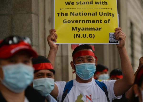Members of the local Myanmar (Burmese) diaspora and their local supporters seen in front of the GPO in Dublin at a pro-democracy rally called 'Global Spring Revolution' for Myanmar in Dublin, Ireland, 12 June 2021 (Photo: Reuters/Artur Widak)