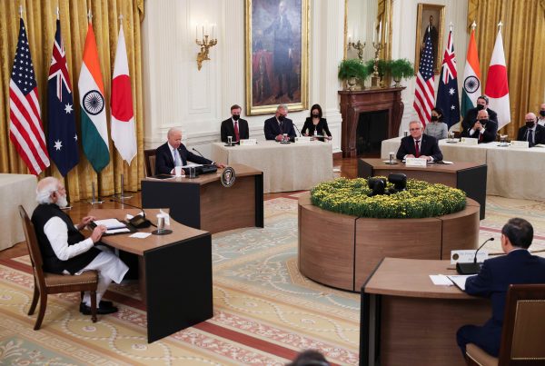US President Joe Biden hosts a 'Quad nations' meeting at the Leaders' Summit of the Quadrilateral Framework with India's Prime Minister Narendra Modi, Australia's Prime Minister Scott Morrison and Japan's former prime minister Yoshihide Suga in the East Room at the White House in Washington, United States, 24 September, 2021. (Photo: Reuters/Evelyn Hocksteig).