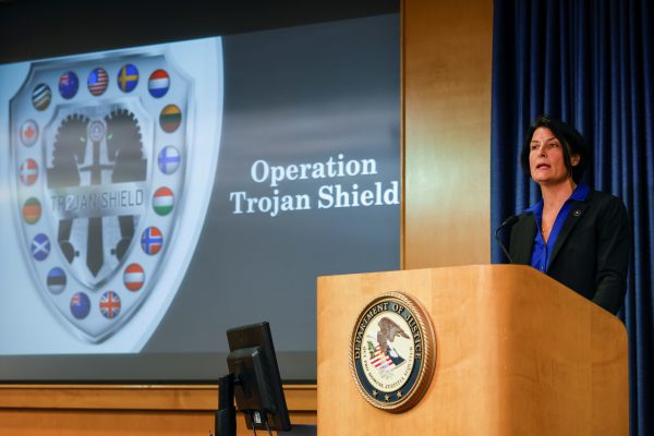 FBI Special Agent in Charge Suzanne Turner speaks during a news conference to announce a massive worldwide takedown based on the FBI's investigation involving the interception of encrypted communications in San Diego, California, United States, 8 June, 2021 (Photo: Reuters/Mike Blake).
