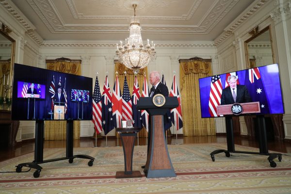 US President Joe Biden delivers remarks on a National Security Initiative virtually with Australian Prime Minister Scott Morrison and British Prime Minister Boris Johnson, inside the East Room at the White House in Washington, 15 September 2021 (Photo: Reuters/Tom Brenner).