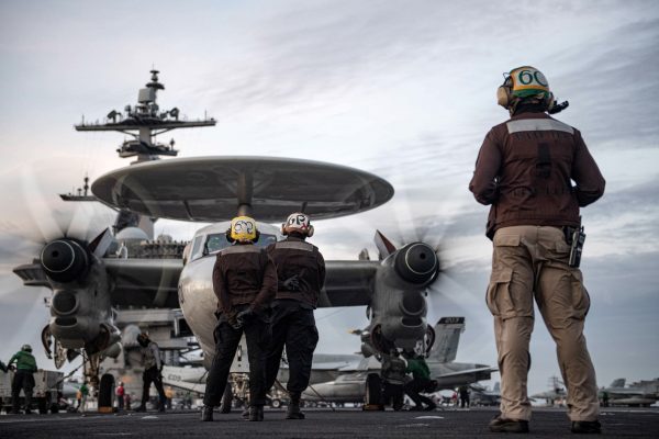 A US Northrop Grumman E-2 Hawkeye tactical airborne aircraft prepares to take off from the flight deck of the USS Theodore Roosevelt aircraft carrier during a military exercise in the disputed waters of the South China Sea (Photo: Reuters).