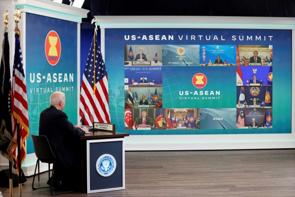 US President Joe Biden participates virtually with the ASEAN summit from an auditorium at the White House, Washington DC, United States, 26 October 2021 (Photo: Reuters/Jonathan Ernst).