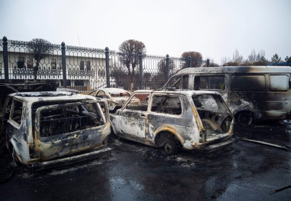 Burnt out cars after protests and unrest in Kazakhstan, Taraz, Kazakhstan, 7 January 2022 (Photo: Reuters/Tatyana Chekrygina).