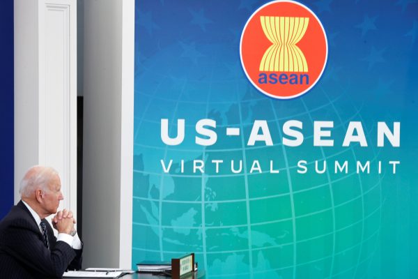 US President Joe Biden participates virtually with the ASEAN summit from an auditorium at the White House in Washington, US, 26 October 2021. (Photo: REUTERS/Jonathan Ernst)