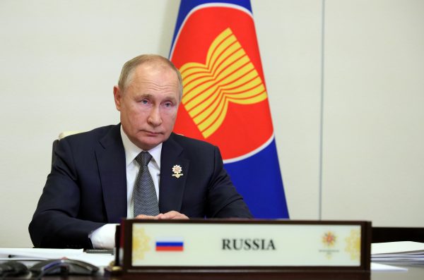 Russian President Vladimir Putin attends ASEAN summit via a video link at his residence outside Moscow, Russia, 28 October 2021. (Photo: Sputnik/Evgeniy Paulin/Kremlin via REUTERS)