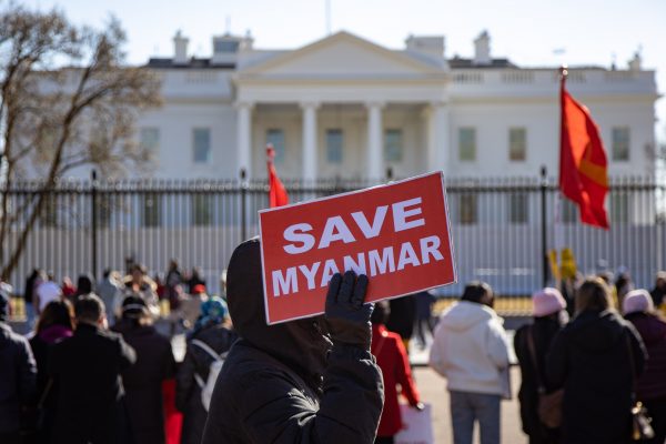Demonstrators gather in front of the White House to protest against the military coup in Myanmar, 5 February 2022, Washington DC, United States (PHOTO: Bryan Olin Dozier/NurPhoto via Reuters)