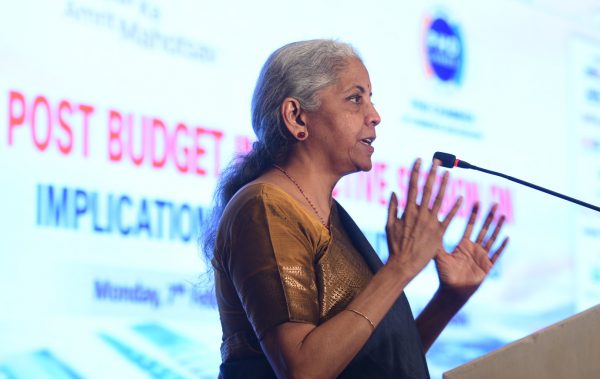 Indian Finance Minister Nirmala Sitharaman during the post Budget interaction with members of PHD chamber of Commerce and Industry on 7 February 2022 in New Delhi, India (Arvind Yadav/ Hindustan Times/Sipa USA via Reuters Connect).