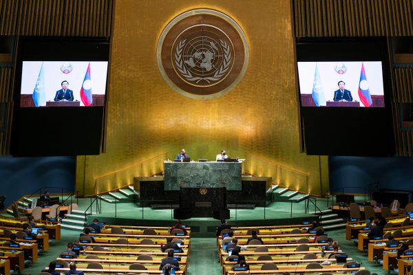 Laos' Prime Minister Phankham Viphavanh remotely addresses the 76th Session of the U.N. General Assembly by pre-recorded video, in New York City, U.S., 25 September 2021 (Photo: Reuters/Eduardo Munoz)