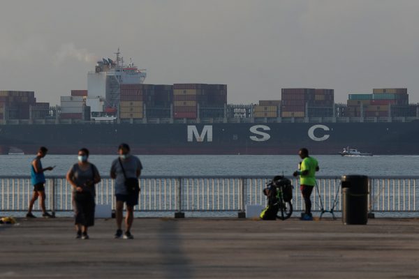 An MSC container ship is seen anchored along the eastern coast in Singapore, 20 September 2021 (Photo: Reuters/Suhaimi Abdullah/NurPhoto).