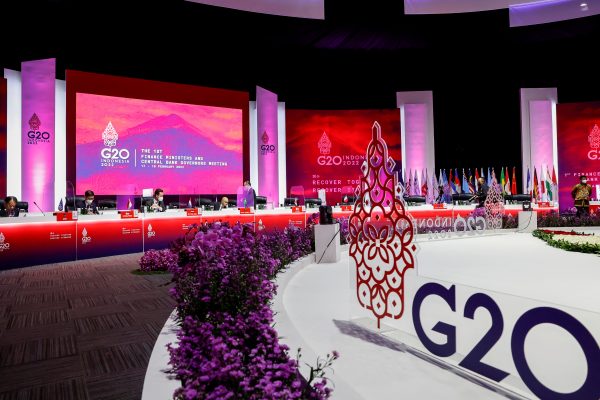 Head of delegates prepare for a meeting on the last day of the G20 finance ministers and central bank governors meeting in Jakarta, Indonesia, 18 February 2022 (Photo: Mast Irham/Pool via Reuters).