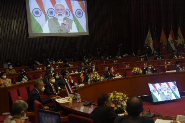 The fifth Bay of Bengal Initiative for Multi-Sectorial Technical and Economic Cooperation (BIMSTEC) summit commenced in Colombo, Sri Lanka on 30 March 2022, with the participation of the seven nations; India, Nepal, Thailand, Bangladesh, Myanmar, Bhutan, and Sri Lanka. President Gotabaya Rajapaksa virtually chaired the Summit on its opening day where Indian Prime Minister Narendra Modi made a keynote address. (Akila Jayawardana/NurPhoto via Reuters Connect)