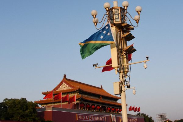National flags of Solomon Islands and China flutter at the Tiananmen Square in Beijing, China 7 October 2019 (Photo: Reuters/Stringer)