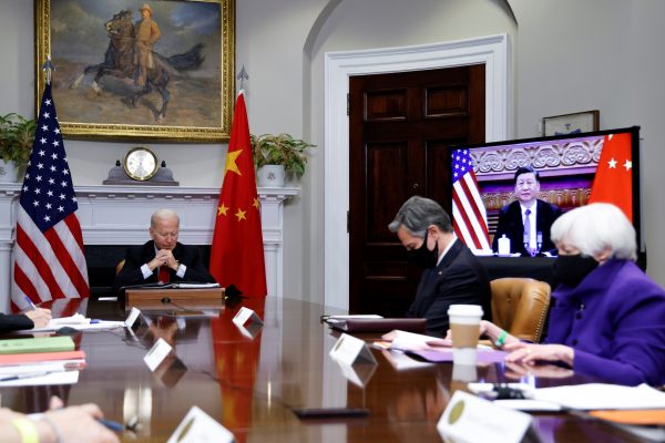 US President Joe Biden, with Secretary of State Antony Blinken and Treasury Secretary Janet Yellen, speaks virtually with Chinese leader Xi Jinping from the White House in Washington, US, 15 November 2021 (REUTERS/Jonathan Ernst)