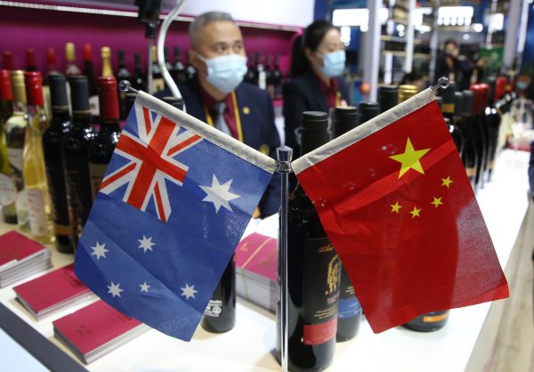 China and Australia's national flags are displayed during China International Import Expo at National Exhibition and Convention Center in Shanghai, China on 5 November 2020. (Photo: The Yomiuri Shimbun)