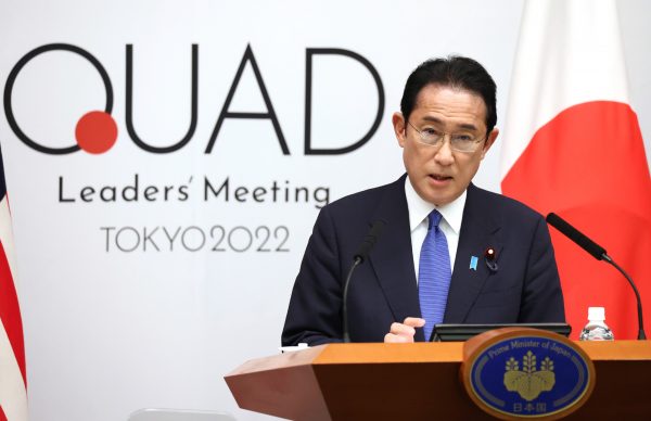 Japanese Prime Minister Fumio Kishida delivers his speech after chairing the Quad meeting with US President Joe Biden, Australian Prime Minister Anthony Albanese, and Indian Prime Minister Narendra Modi at the prime minister's office in Tokyo on May 24, 2022 (The Yomiuri Shimbun via Reuters).