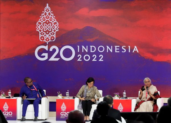 South Africa's Finance Minister Enoch Godongwana, Indonesia's Finance Minister Sri Mulyani Indrawati and India's Finance Minister Nirmala Sitharaman attend a side event on the G20 Finance Ministers and Central Bank Governors Meeting in Nusa Dua, Bali, Indonesia, 14 July 2022 (Photo: Reuters/Made Nagi).