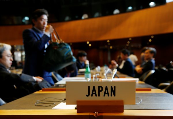 Members of the Japan delegation arrive for the General Council meeting where the worsening trade and diplomatic dispute between South Korea and Japan will be raised at the World Trade Organization in Geneva, Switzerland, 24 July 2019. (Photo: Reuters/Denis Balibouse).