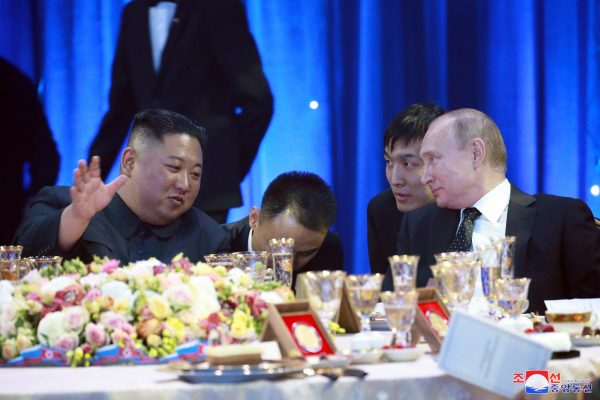 North Korean leader Kim Jong Un and Russian President Vladimir Putin attend an official reception following their talks in Vladivostok, Russia in this undated photo released on 25 April 2019 by North Korea's Central News Agency. (Photo: KCNA via Reuters Connect)