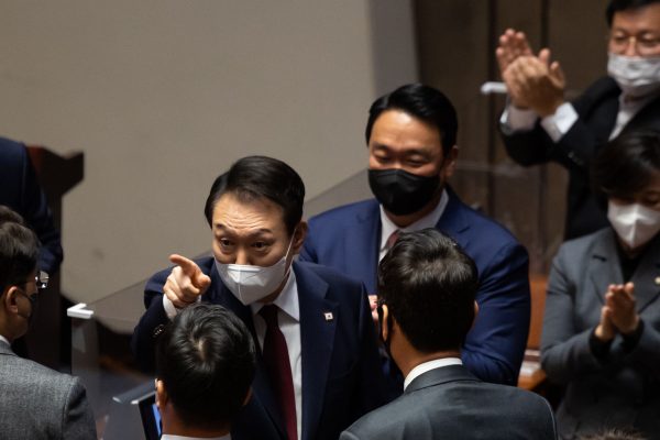 Yoon Suk Yeol, South Korea's President, points out as he leaves the budget speech at the National Assembly in Seoul, South Korea, 25 October, 2022 (Photo: SeongJoon Cho/Pool via Sipa USA via Reuters).