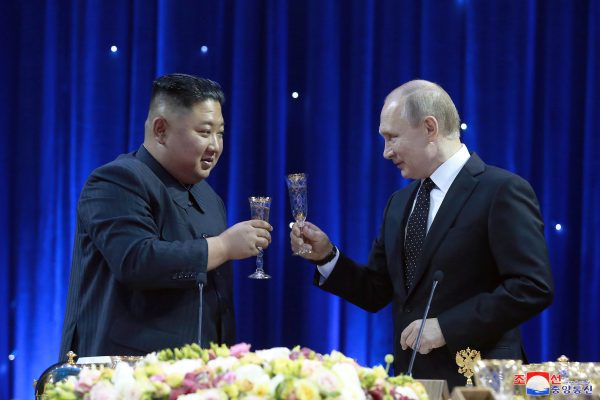 North Korean leader Kim Jong Un and Russian President Vladimir Putin attend an official reception following their talks in Vladivostok, Russia on 25 April 2019 (Photo: Reuters/North Korea's Central News Agency).