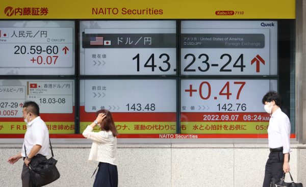 A monitor shows exchange rate of the Japanese yen against the US dollar in Chuo Ward, Tokyo on 7 September 2022 (Photo: Reuters/Yomiuri Shimbun).