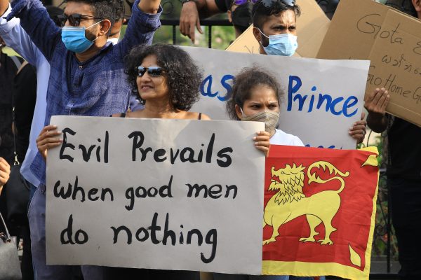 Sri Lankans shout slogans during a protest in Colombo, Sri Lanka on 4 April 2022. (Photo: Tharaka Basnayaka/Reuters)
