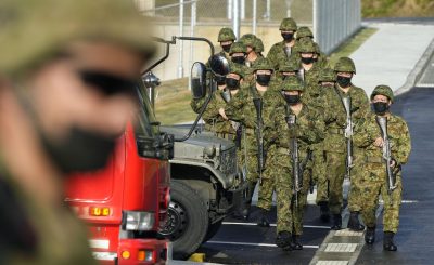 Japanese Ground Self-Defense Force (GSDF) personnel can be seen at a garrison that opened the same day on Ishigaki Island. Some 570 or fewer GSDF members will be stationed on the island near the disputed Senkaku Islands and Taiwan, apparently in response to China's intensifying military activities in nearby waters, Okinawa Prefecture, Japan, 16 March 2023 (Photo: Reuters/Kyodo News).