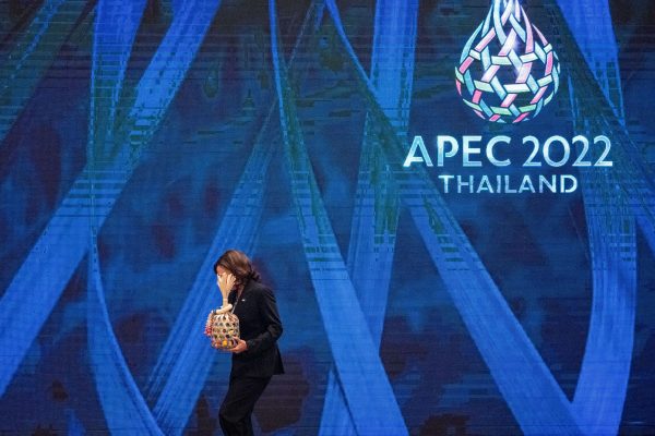 US Vice President Kamala Harris carries Chalom, a bamboo basket symbolising a baton passed on from Prime Minister of Thailand Prayut Chan-o-cha, for the US being the next host of the Asia-Pacific Economic Cooperation (APEC) summit, as she walks off the stage at Queen Sirikit National Convention Center in Bangkok, Thailand, on 19 November 2022 (Photo: Haiyun Jiang/Reuters).