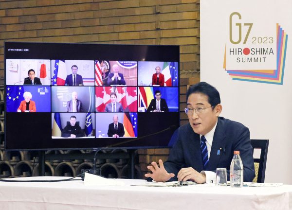 Japan's Prime Minister Fumio Kishida chairs the online meeting with G7 leaders and others, on the day to mark the first anniversary of Russia's invasion of Ukraine, at his residence in Tokyo, Japan, 24 February 2023 (Photo: Reuters/Japan Cabinet Public Relations Office/Kyodo).