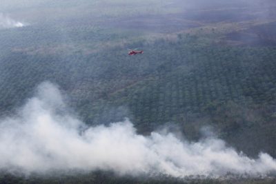 A helicopter carrying a water bucket is seen after dropping water on palm oil plantation in Ogan Komering Ilir, Indonesia, 18 July, 2018 (Photo: Reuters/Nova Wahyudi).