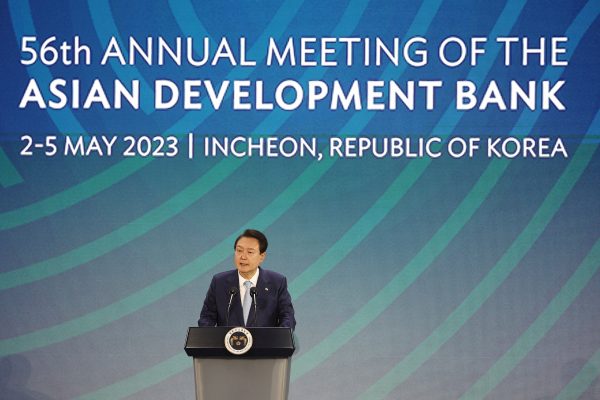South Korean President Yoon Suk Yeol gives a speech during the opening session of the 56th Annual Meeting of the Asian Development Bank in Incheon, South Korea, 3 May 2023 (Photo: Reuters/Kim Hong-Ji).