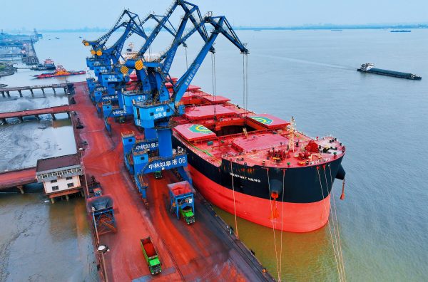 A Marshall Islands-registered ship is docked for unloading at Rugao Port in Rugao City, Jiangsu province, China, 13 May 2023 (Photo: Reuters/Costfoto/NurPhoto).