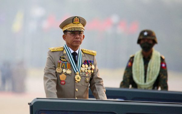 Myanmar's junta chief Senior General Min Aung Hlaing, who ousted the elected government in a coup on February 1, 2021, presides over an army parade on Armed Forces Day in Naypyitaw, Myanmar, 27 March 2021 (Photo: Reuters/Stringer).
