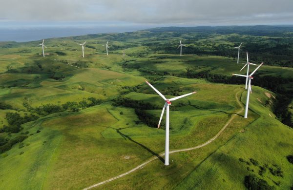 Wind turbne blades operated by Eurus Soya Misaki Wind Farm are seen at Soya Hills in Wakkanai, Hokkaido, 3 August 2022 (Photo: The Yomiuri Shimbun via Reuters).